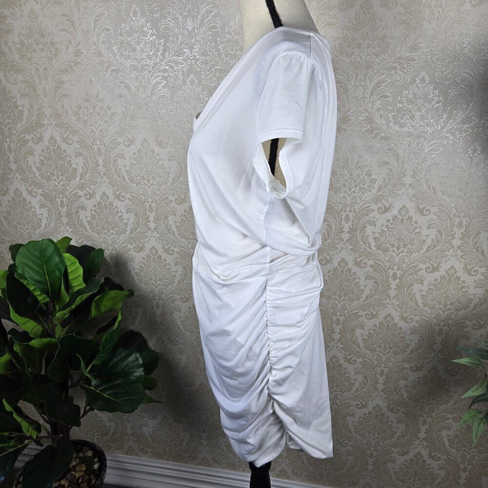 Athleta Size Large White T-Shirt Jersey Knit Dress Ruched Skirt Casual V-Neck - Picture 6 of 16
